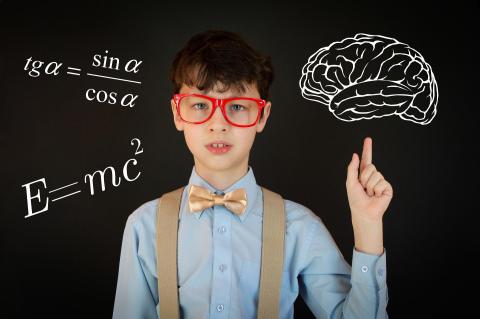 A young boy with bow tie and glasses standing in front of a blackboard with a drawing of a brain and mathematical equations on it