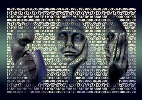 Three faces against a background of binary code