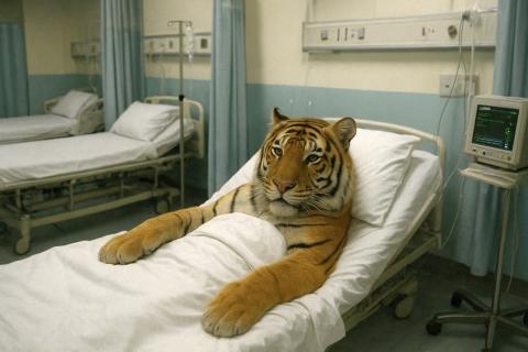 Tiger in a hospital bed