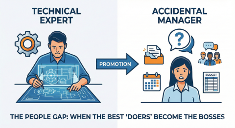 Cartoon of a competent technician becoming an uncertain manager